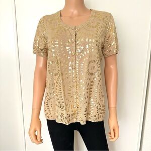 Chico’s Short Sleeve Cardigan Sweater Size 2 Gold Foil Tan Beige Button Top